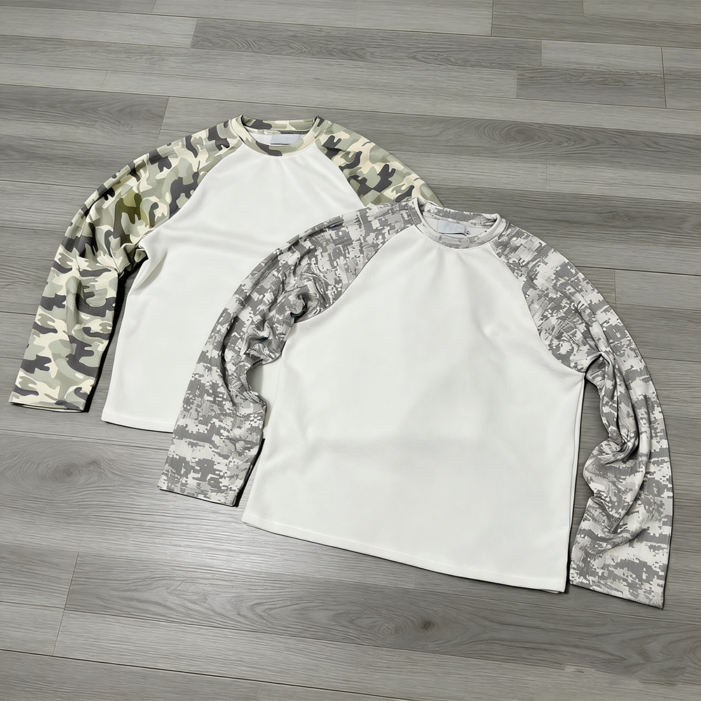XINSHENG Streetwear: camiseta personalitzada de tall ampli en cotó amb blocs de color i estampat camuflatge, camiseta de màniga llarga en teixit de galeta per a homes