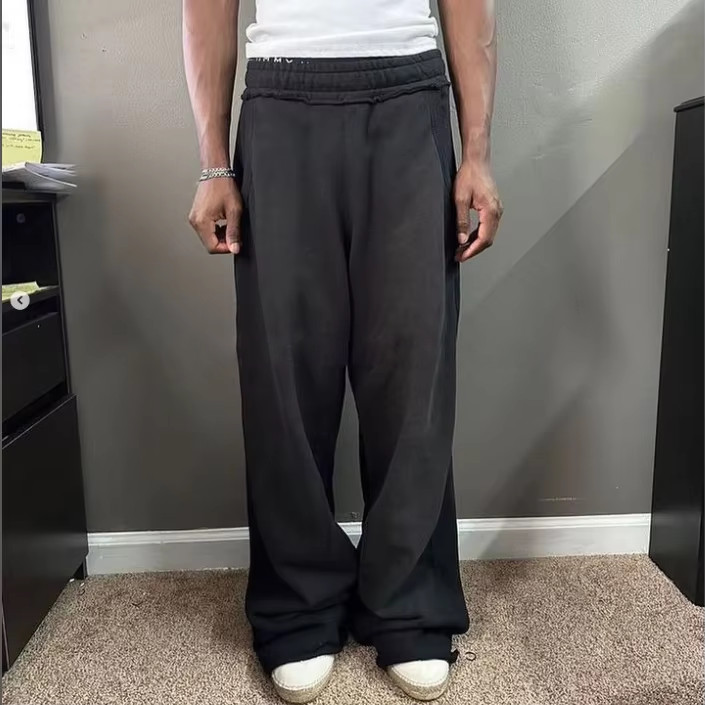 ストリートウェア カスタム ハイウエスト ブラック スウェットパンツ ジョガー ディストレスド バギーストレート ワイドレッグ ブランク アシッドウォッシュ スウェットパンツ メンズ