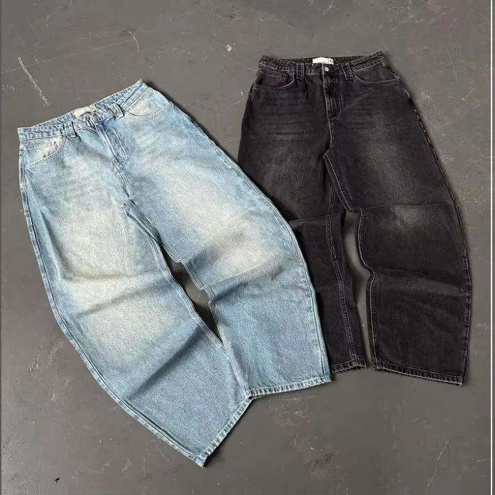 Donguan Manufacturer Custom Vintage Wash Itim Asul na Naka-stack Tuwid na Malawak na Binti Maluwang na Denim Pants Jeans para sa Lalaki