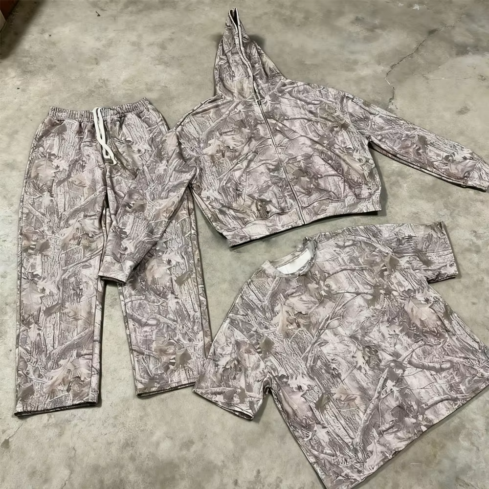 Custom na Streetwear para sa Pangangaso na Camo na May Digital Print na Camouflage, Mabigat na Hoodie at Sweatpants Set na Sweat Suit para sa Lalaki
