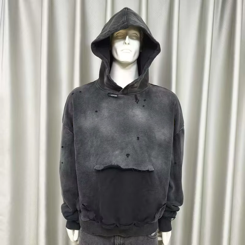 Mga Tagagawa ng Damit na Kustumbreng French Terry 100% Kotong Malaking Sukat na Vintage Acid Wash na Sira-sira at Naukol na Hoodie na Sweatshirt para sa Lalaki