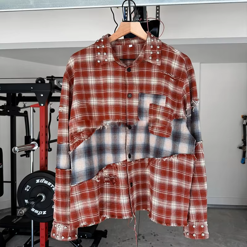 OEM Pasadyang Unisex Patchwork Color Block Distressed Plaid Flannel Mahabang Manggas na Shirts para sa Lalaki