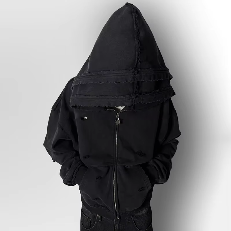 Mga Tagagawa para sa Mga Custom na Damit na Dalawang Antas na Hood na Acid Wash na Naukol na Zip-up na Hoodies para sa Lalaki