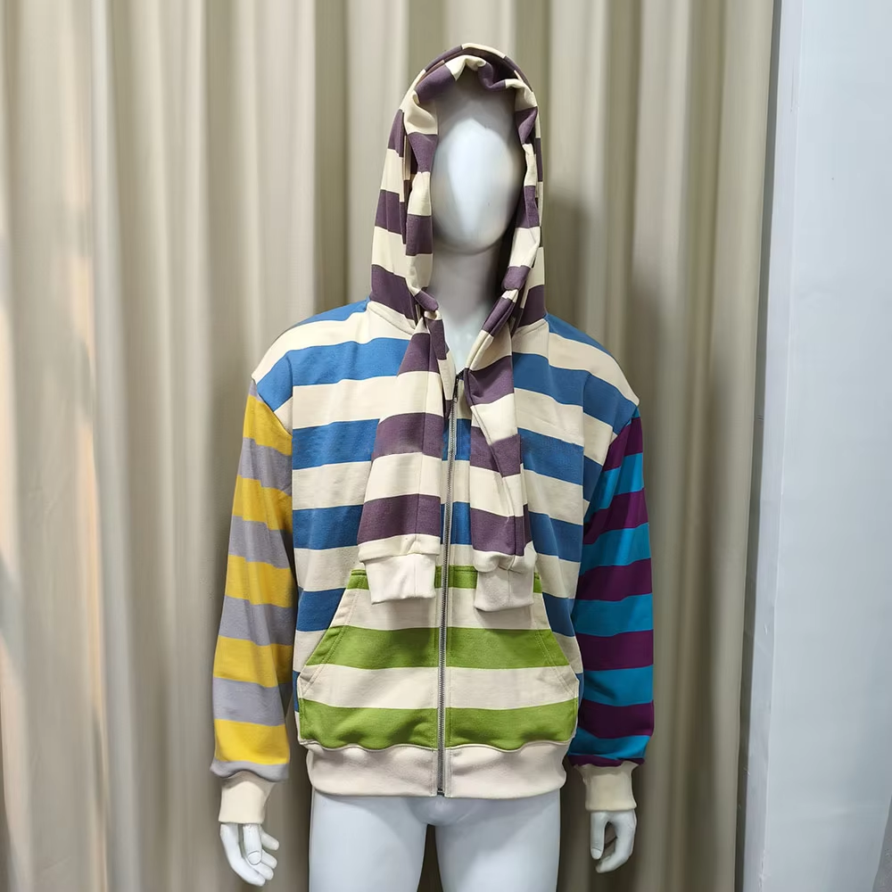 衣料品メーカー カスタム ユニセックス パッチワーク ダブルレイヤーフード テリー コットン ストライプ ジッパー パーカージャケット メンズ用