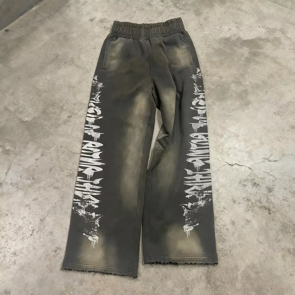 ストリートウェア カスタム DTGプリント フレンチテリー 100%コットン ディストレスド バギーワイドレッグ サンフェード アシッドウォッシュ ジョガースウェットパンツ