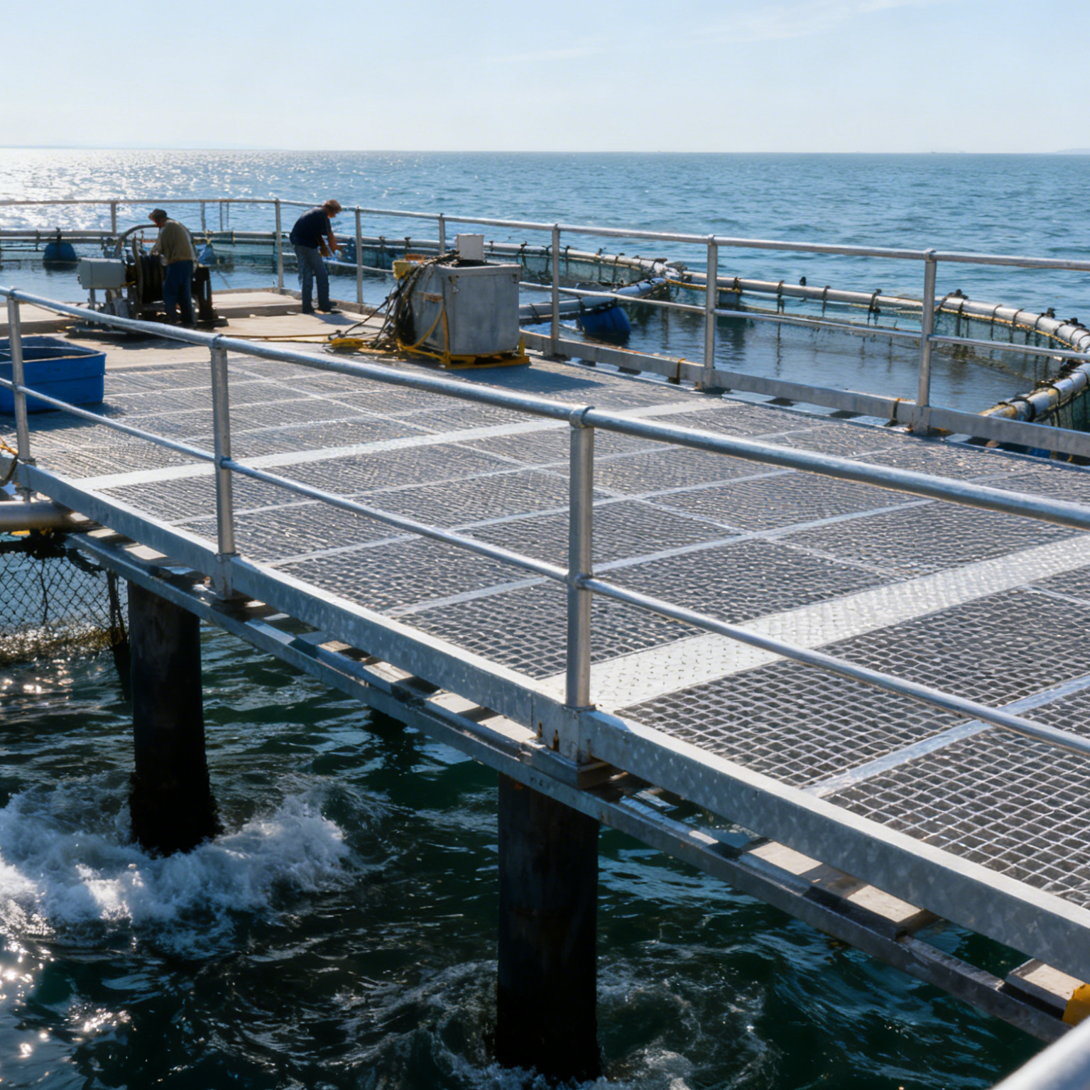 Construction of walkways and guardrails for offshore aquaculture platforms