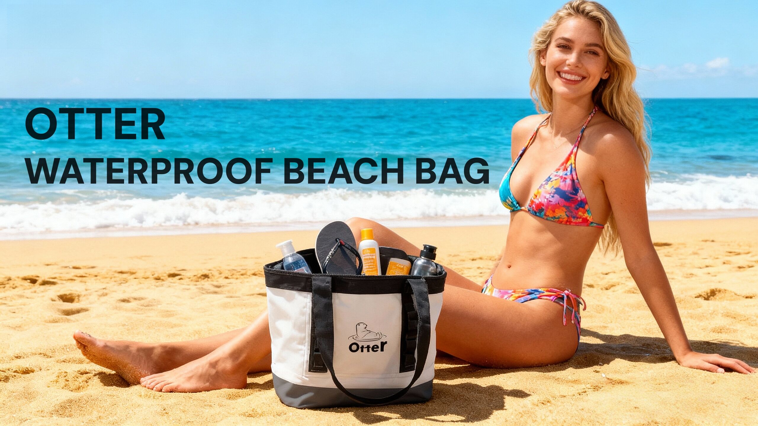 jimeng-2025-11-13-4216-参考图1的Otter品牌手提包,一位年轻的欧美女性穿着彩色比基尼坐在金色沙滩上,....jpg