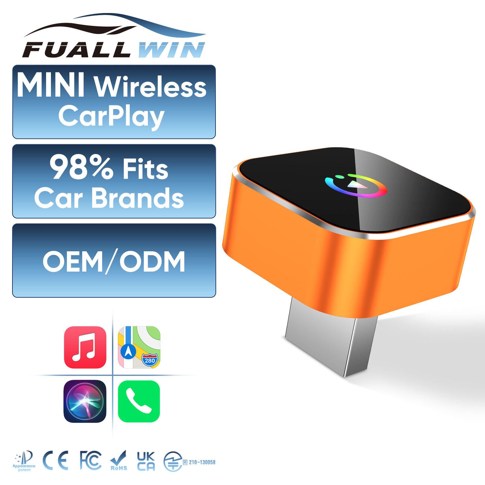 Fuallwin  USB Car Accessories Mini Size Wireless Carplay Adaptor Vehicle Wireless Adapter for Apple iPhone Samsung Android Phone