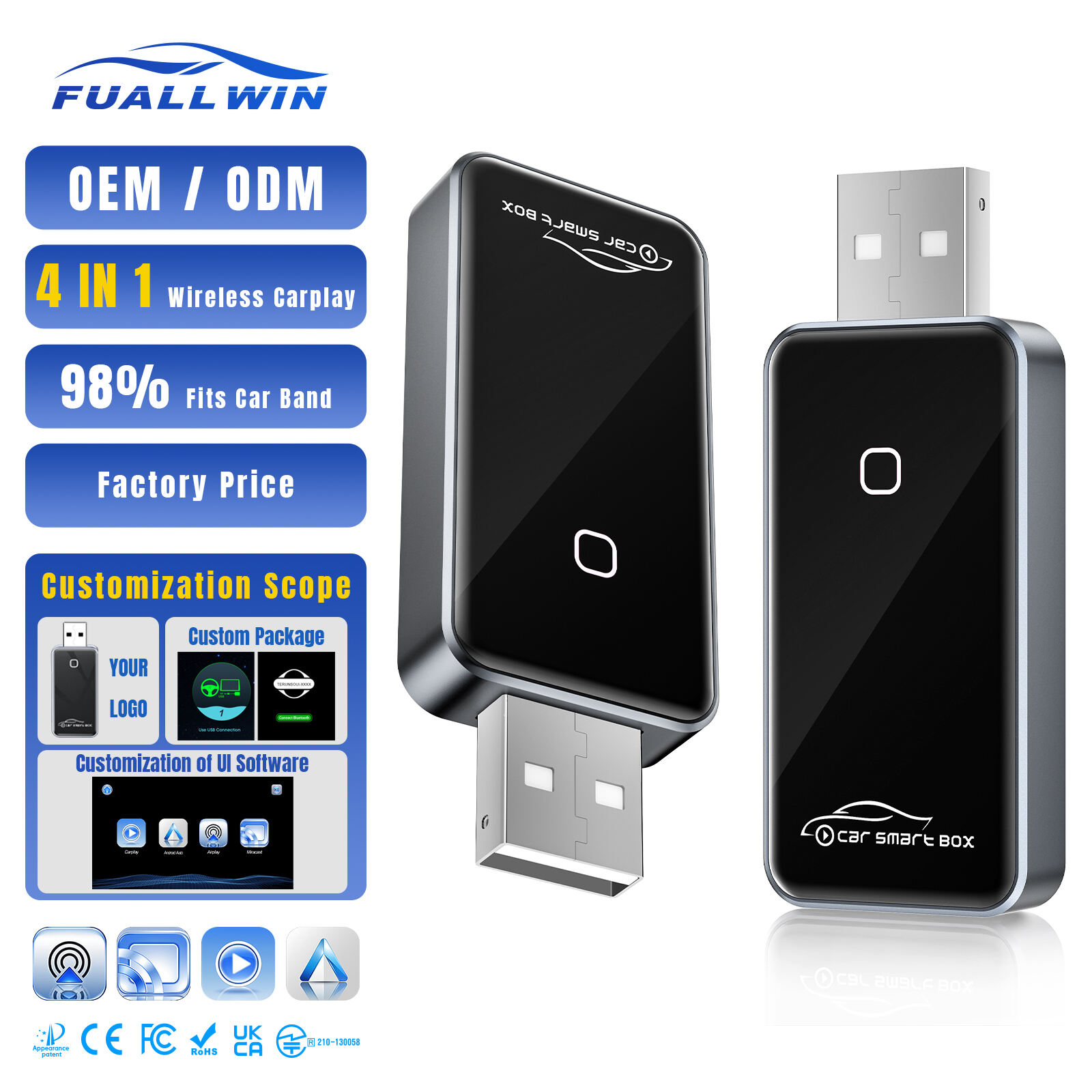 Fuallwin Wholesale Plug-and-Play 4 in 1 Wireless CarPlay Adapter—Mini USB Dongle for Intelligent Upgrades of OEM Displays in Most Vehicles
