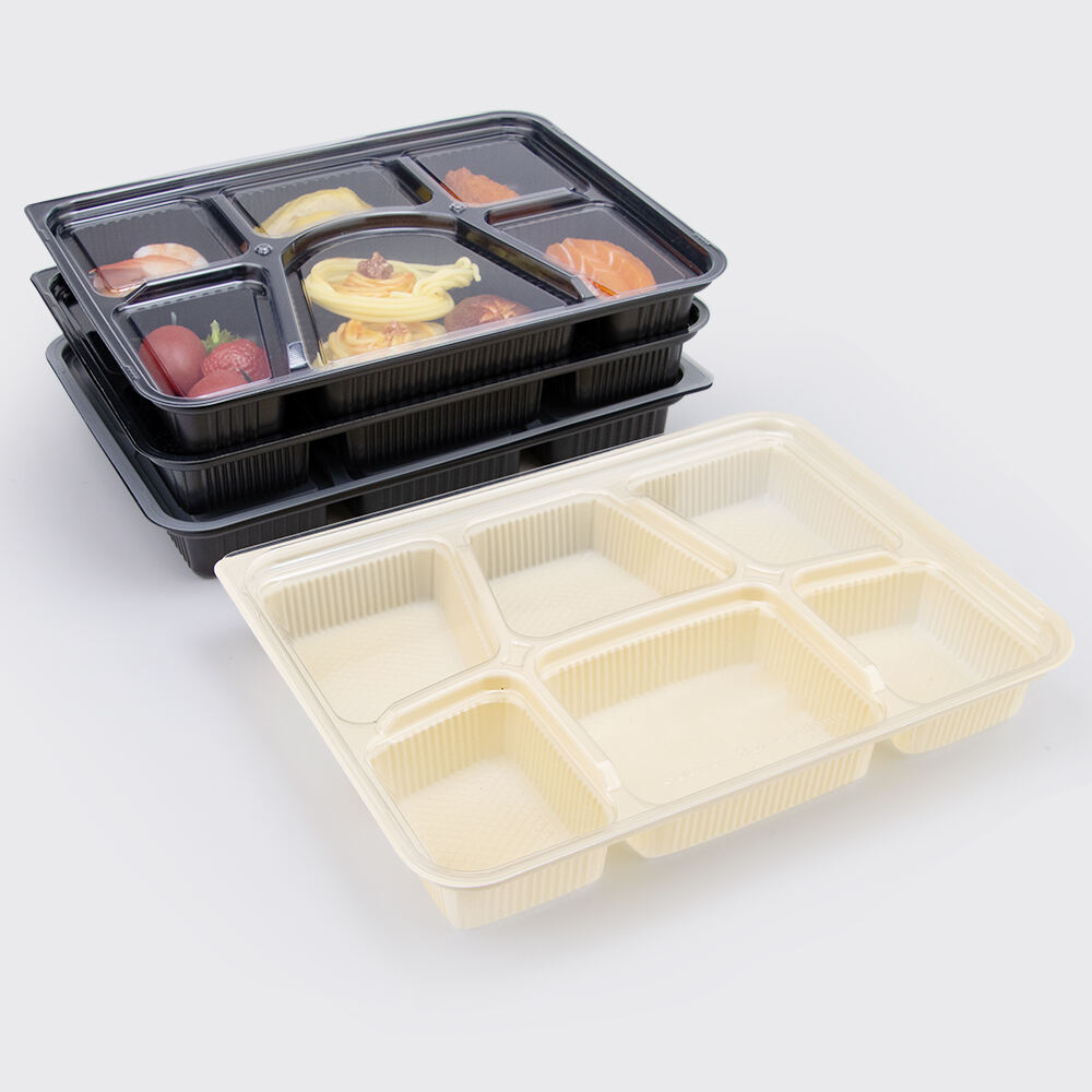 กล่องอาหารกลางวันพลาสติกโพลีโพรไพลีนสีขาว 6 ช่อง พร้อมฝาปิด OPS กันฝ้า