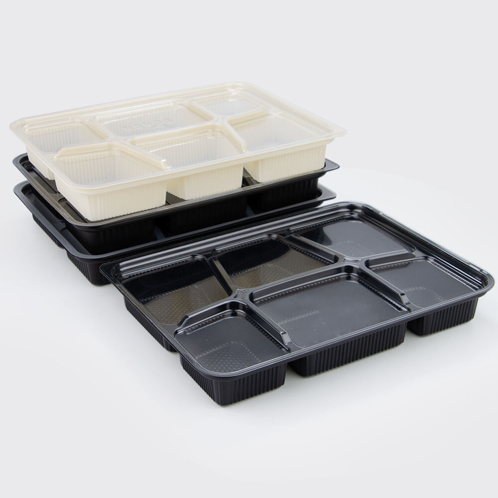 กล่องบรรจุอาหารพลาสติกโพลีโพรไพลีนสีดำ 6 ช่อง สำหรับนำกลับบ้าน