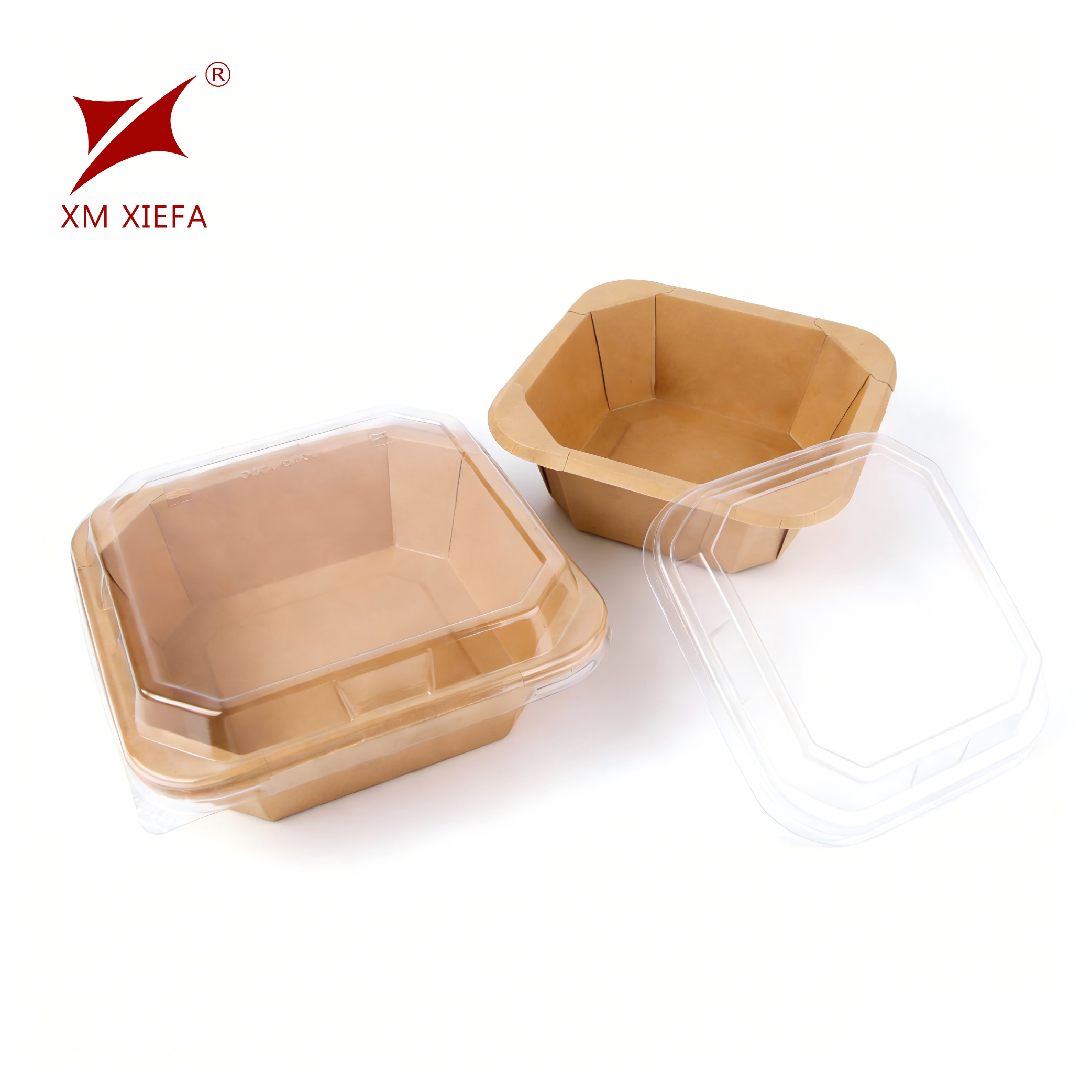 Bioloji parçalanabilən, bir dəfəlik istifadə üçün kraft kağızdan hazırlanmış səkkizbucaqlı qida daşınma qutusu və PET qapaqla