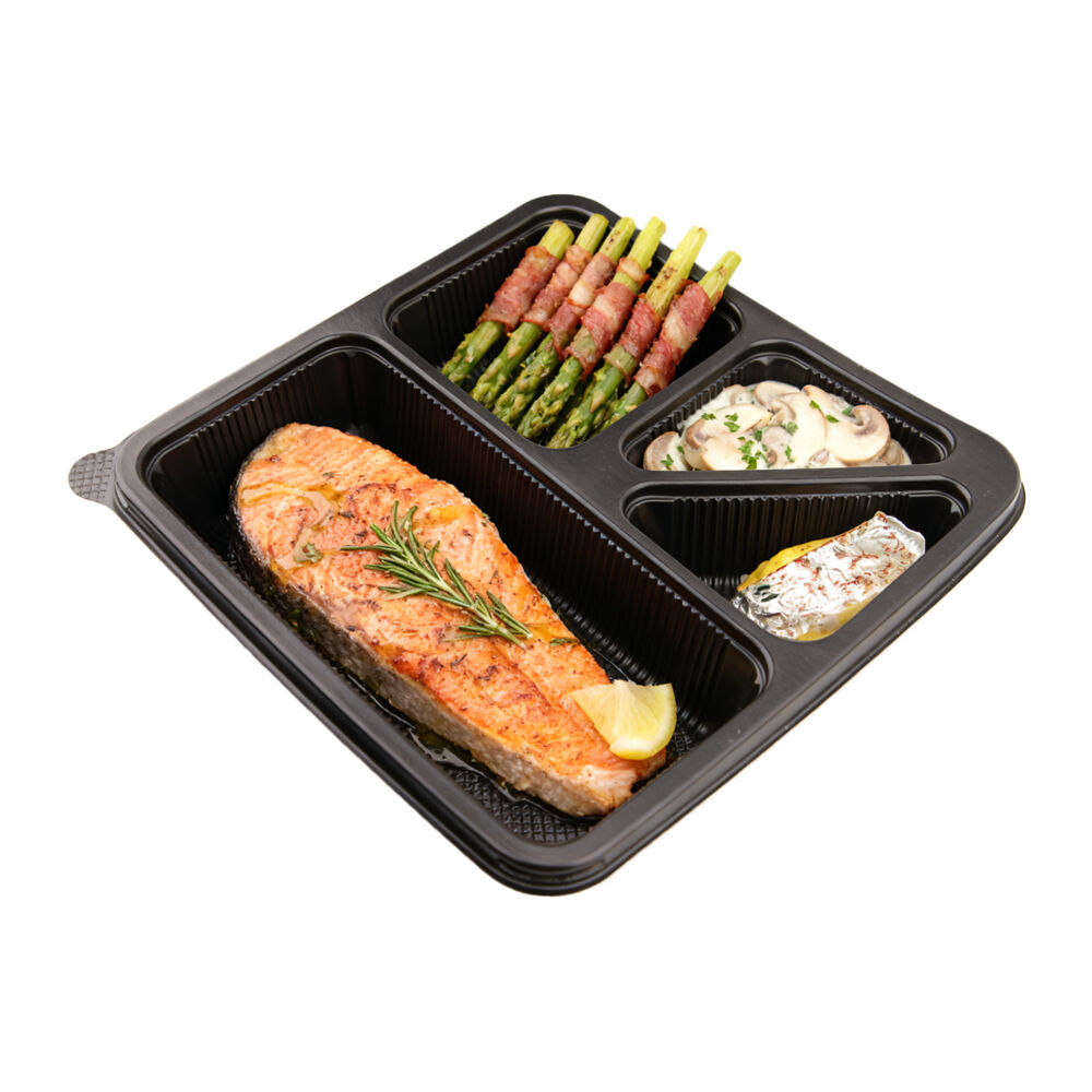 PP қақпағы бар қайта өңделетін 4 бөлімді PP-дан жасалған азық-түлік жәшігі