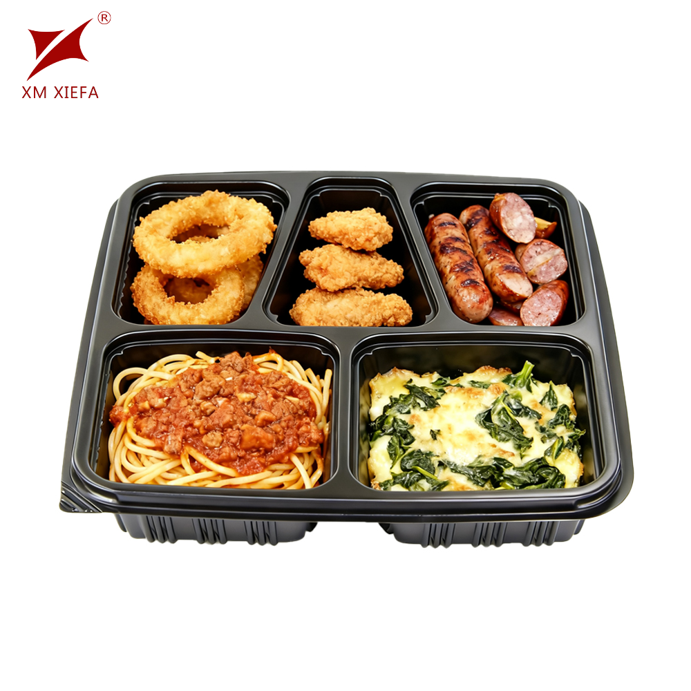 กล่องอาหารกลางวันพลาสติกพอลิโพรพิลีน 5 ช่อง แบบนำกลับมาใช้ใหม่ได้ พร้อมฝาพลาสติกพอลิโพรพิลีน