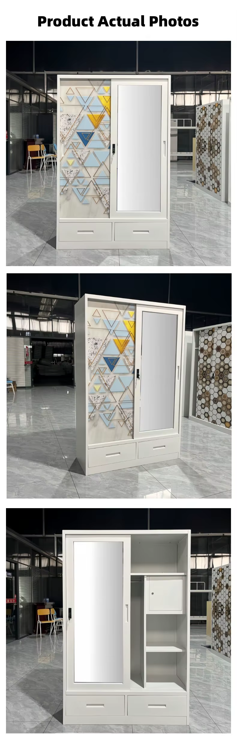 3 Door Mirror Drawer Patterned Steel Wardrobe Armoire with Customized Design Mirror manufacture