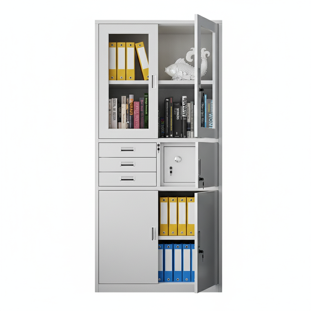 Steel Filing Cabinet with Top Glass Double Doors, 3 Drawers, 1 Lockable Compartment, and Bottom Metal Double Doors