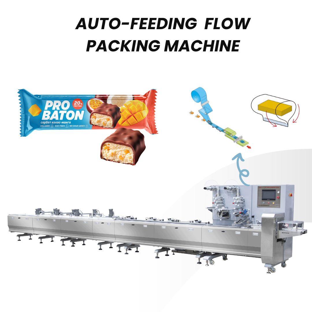 Automatic Feeding Packing Machine Chocolate Packaging Machine Candy Bar Biscuit Flow Pack Wrapping Machine Horizontal Food Wrapper Machine for Protein Bar