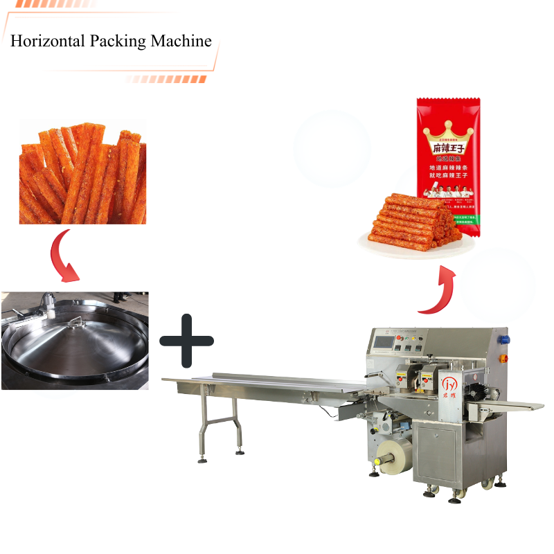 Horizontale Verpackungsmaschine mit automatischem Zuführsystem für die Verpackung von würzigen Streifen