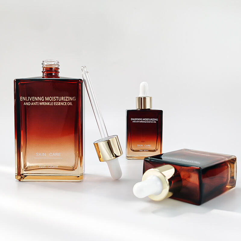 Benutzerdefinierte Farbe Quadratisch 120ml 50ml 30ml Bernsteinfarbene Glas-Essentialöltropfenflasche HY-1902