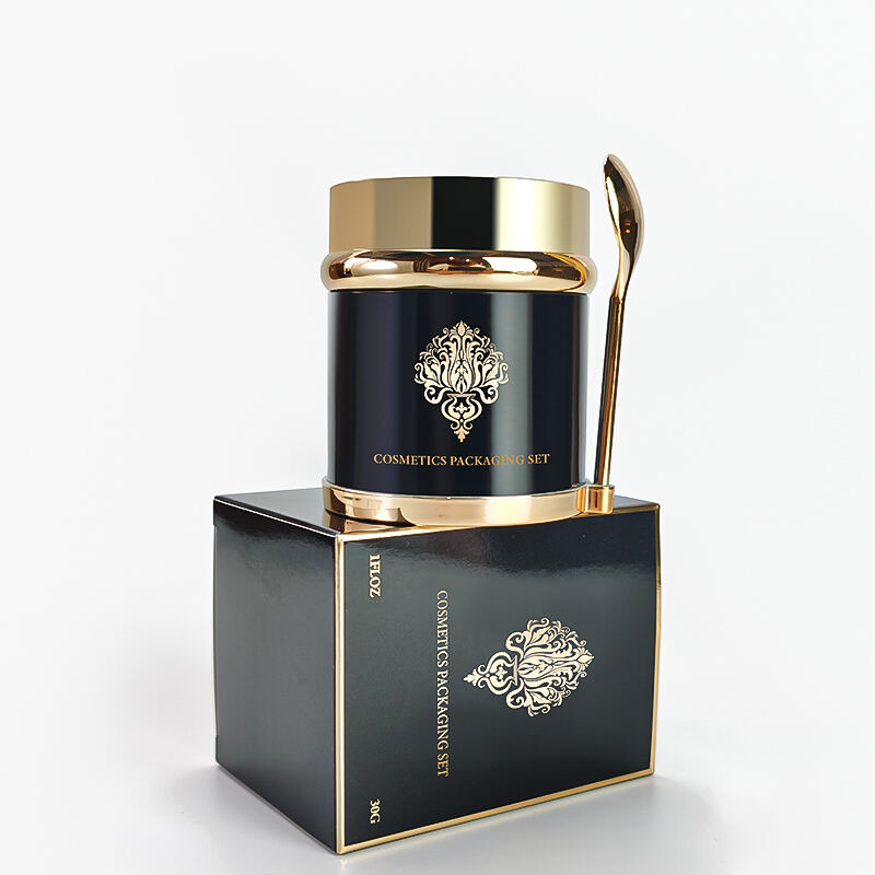 Individuelles Logo öko-freundlicher Luxus Hautpflege-Cremeglasbehälter Kosmetik 20ml 30ml 50ml Schwarze Goldverschluss Glasflasche mit Löffel und Box