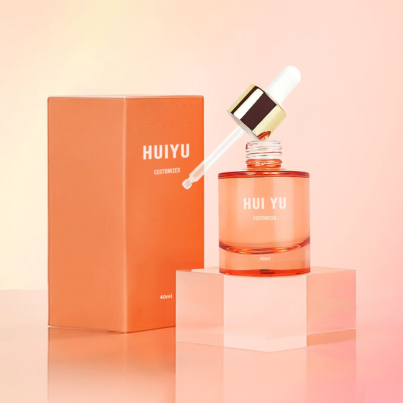 OEM personalizzato, flacone in vetro da 40 ml con contagocce, superficie trasparente, per etichetta privata, siero per la cura della pelle, confezione con scatola e tappi dorati