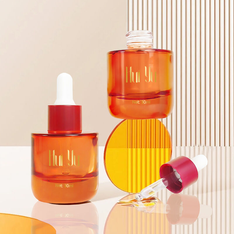 New Hot Selling Luxury Serum Bottle Amber Orange 30ml Round Glass Cosmetic Skincare Oil Dropper Bottles