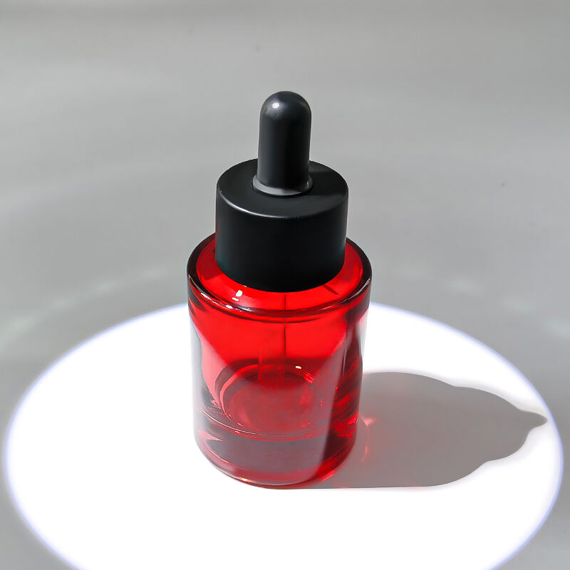 Flache Schulter Runde Rote Farbe Schwarzer Verschluss 30ml 15ml Kosmetik Glas Tropfenflasche HY-2369