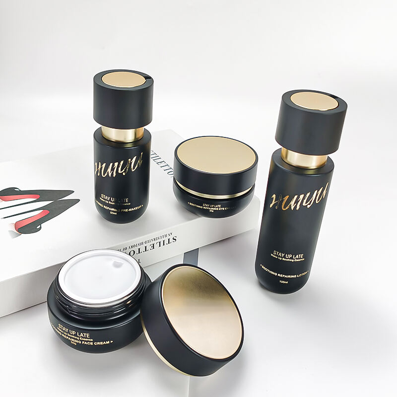 High-End neues Design matt luxuriöse gold-schwarze Pflegeproduktverpackung Set HY-2467