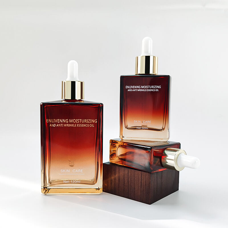 Benutzerdefinierte Farbe Quadratisch 120ml 50ml 30ml Bernsteinfarbene Glas-Essentialöltropfenflasche HY-1902