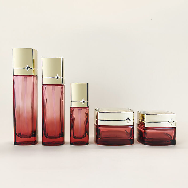 New arrival red glass skin care cream jar container and lotion bottle set HY-2460