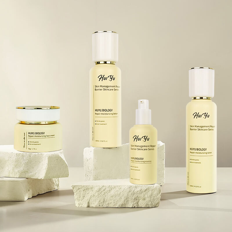 بسته‌بندی مجموعه آرایشی دوستدار محیط زیست، مراقبت از پوست، شیشه کدر با درپوش سفید لوکس ۳۰ میلی‌لیتر و ۱۰۰ میلی‌لیتر همراه با پمپ لوسیون HY-2470