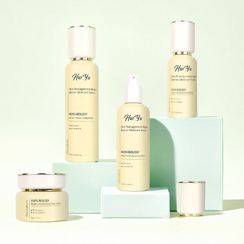 بسته‌بندی مجموعه آرایشی دوستدار محیط زیست، مراقبت از پوست، لوکس، با درب سفید، 30 میلی‌لیتر و 100 میلی‌لیتر، بطری‌های شیشه‌ای کدر همراه با پمپ لوسیون HY-2470