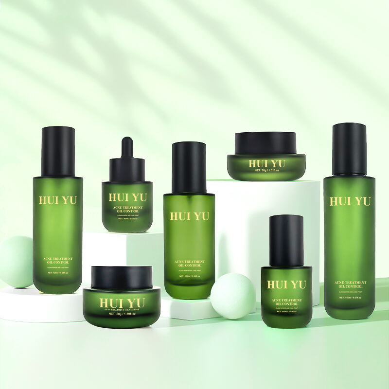 Шырокая сапраўджаная круглая зелёная матовая ўпаковка для ухільня за шкірой, банкі з зелёным налётам з крышкамі і капсуламі