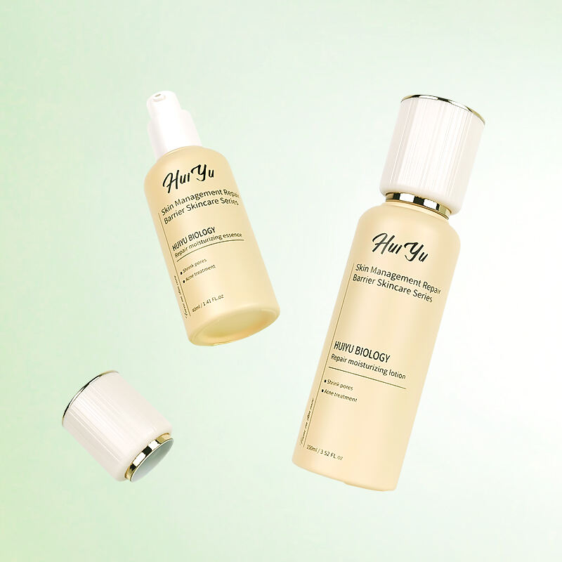 بسته‌بندی مجموعه آرایشی دوستدار محیط زیست، مراقبت از پوست، لوکس، با درب سفید، 30 میلی‌لیتر و 100 میلی‌لیتر، بطری‌های شیشه‌ای کدر همراه با پمپ لوسیون HY-2470