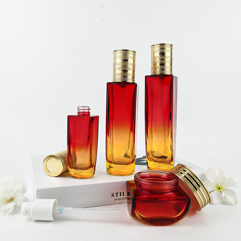 Quadratische Luxus-Golddeckel Gradient Rot Glas Kosmetik-Creme-Container HY-2452