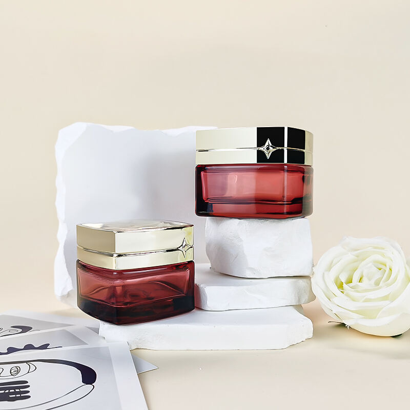 New arrival red glass skin care cream jar container and lotion bottle set HY-2460