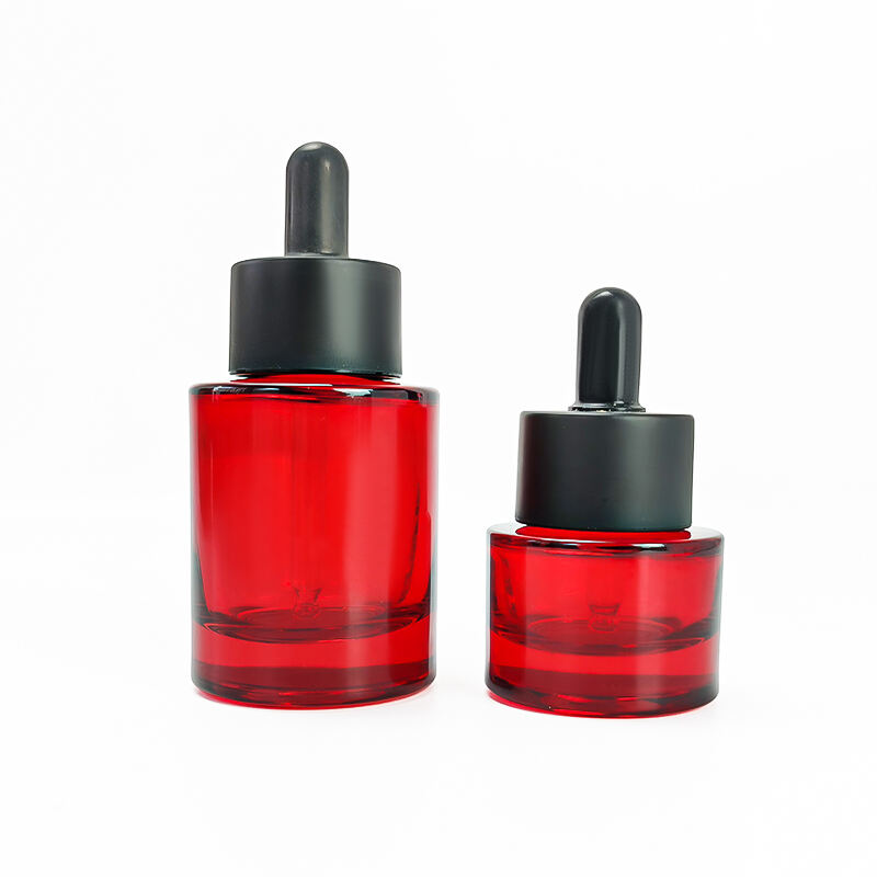 Flache Schulter Runde Rote Farbe Schwarzer Verschluss 30ml 15ml Kosmetik Glas Tropfenflasche HY-2369