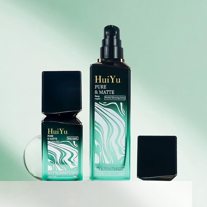 ขวดแก้วสีเขียวสำหรับเครื่องสำอาง 100 มล. 50 มล. 30 มล. พร้อมฝาปิดแบนสีดำ เซ็ตบรรจุภัณฑ์สำหรับผลิตภัณฑ์ดูแลผิว ขวดแก้วแบบปั๊มสูบสำหรับอิมัลชันและโลชั่น