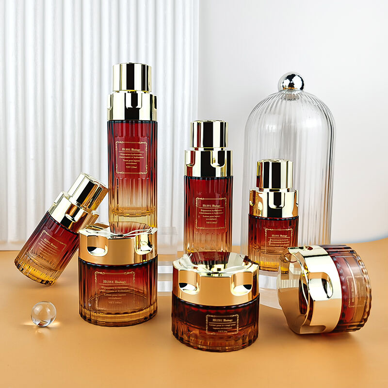 Luxusrotes Goldzylinderleeres Glas Kosmetikflaschen Set HY-2449