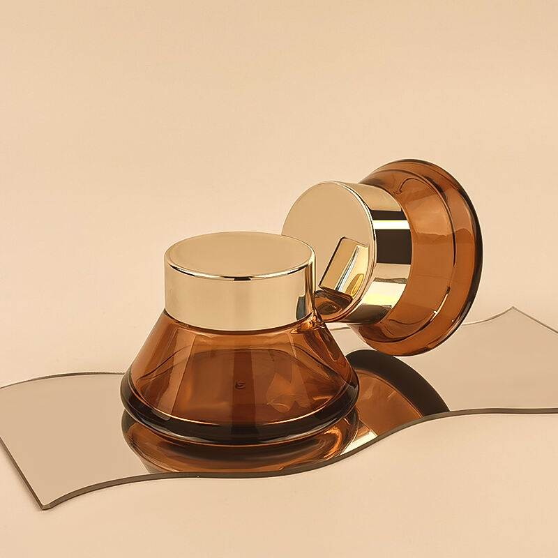 カスタムカラー対応 ロゴ入り アンバー色ドロップ型 空き瓶 30g 50g ガラス製クリームジャー(ゴールド蓋付き)