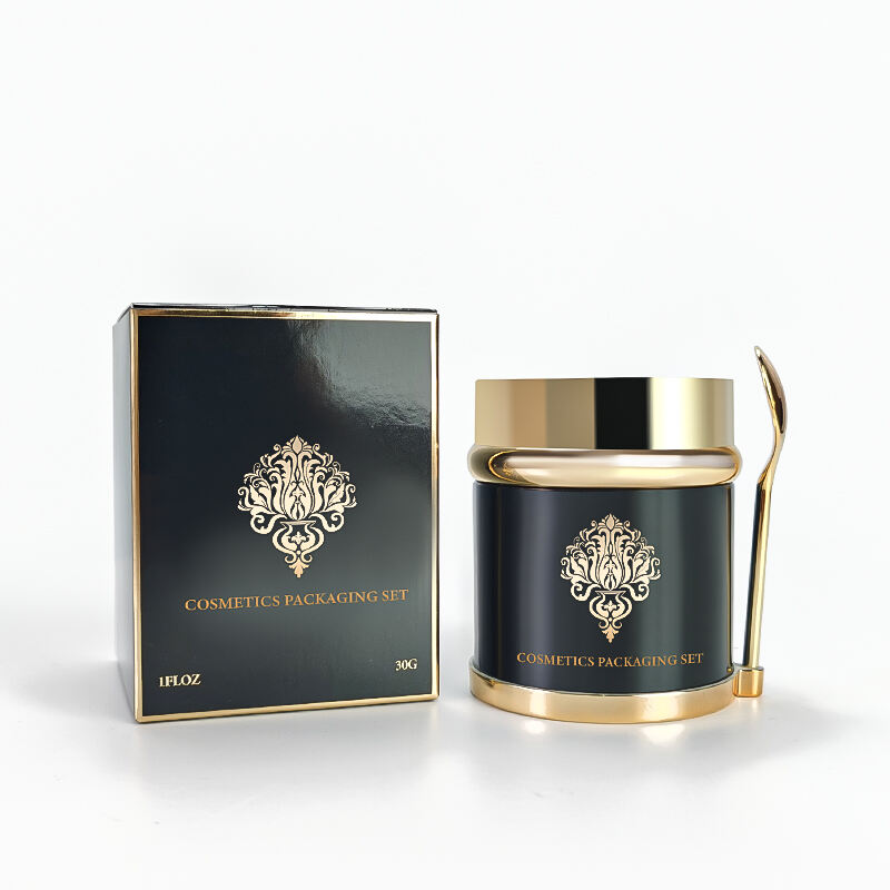 Individuelles Logo öko-freundlicher Luxus Hautpflege-Cremeglasbehälter Kosmetik 20ml 30ml 50ml Schwarze Goldverschluss Glasflasche mit Löffel und Box