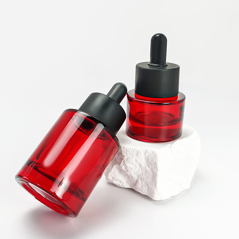 Flache Schulter Runde Rote Farbe Schwarzer Verschluss 30ml 15ml Kosmetik Glas Tropfenflasche HY-2369