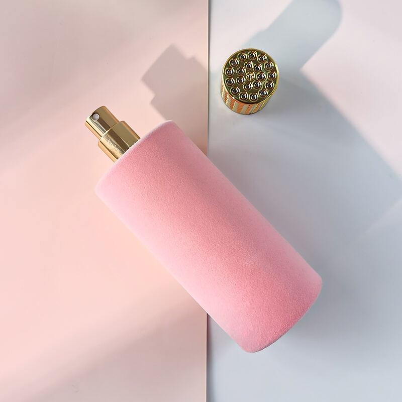Neuankunft Rosa Flockdruck Luxusparfümflakon Umweltfreundlich Recyclbar Runder Leerer Glasparfümöl-Sprayflakon 100ml