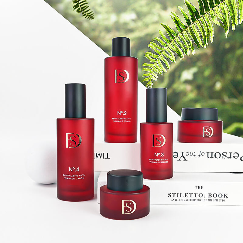 Confezionamento per Flaconi Skincare di Lusso Colore Rosso 120ml 40ml Logo Personalizzato Bottiglia di Vetro Cosmetica con Pompa per Lozione HY-2479