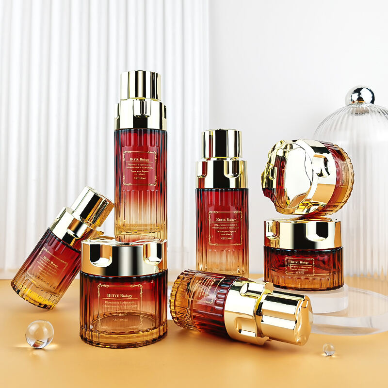 Luxusrotes Goldzylinderleeres Glas Kosmetikflaschen Set HY-2449