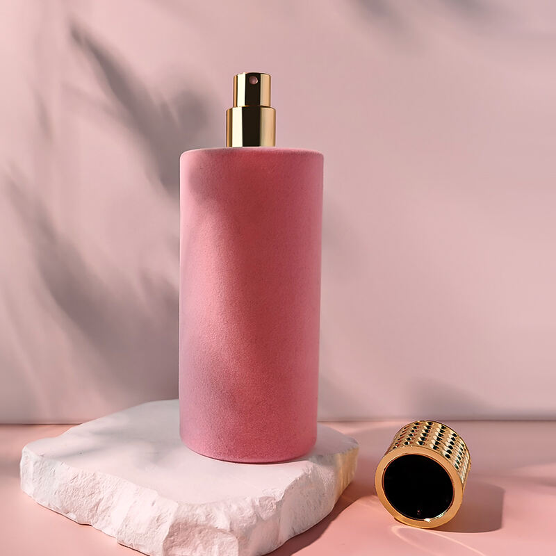 Neuankunft Rosa Flockdruck Luxusparfümflakon Umweltfreundlich Recyclbar Runder Leerer Glasparfümöl-Sprayflakon 100ml