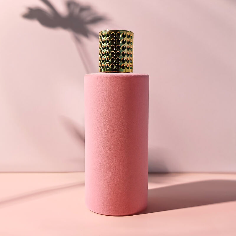 Neuankunft Rosa Flockdruck Luxusparfümflakon Umweltfreundlich Recyclbar Runder Leerer Glasparfümöl-Sprayflakon 100ml