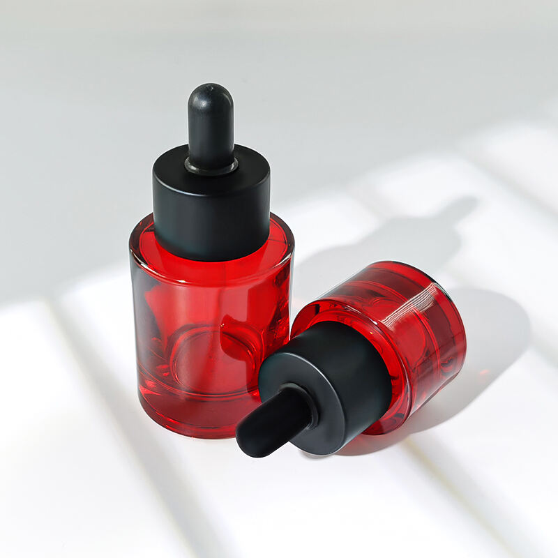 Flache Schulter Runde Rote Farbe Schwarzer Verschluss 30ml 15ml Kosmetik Glas Tropfenflasche HY-2369