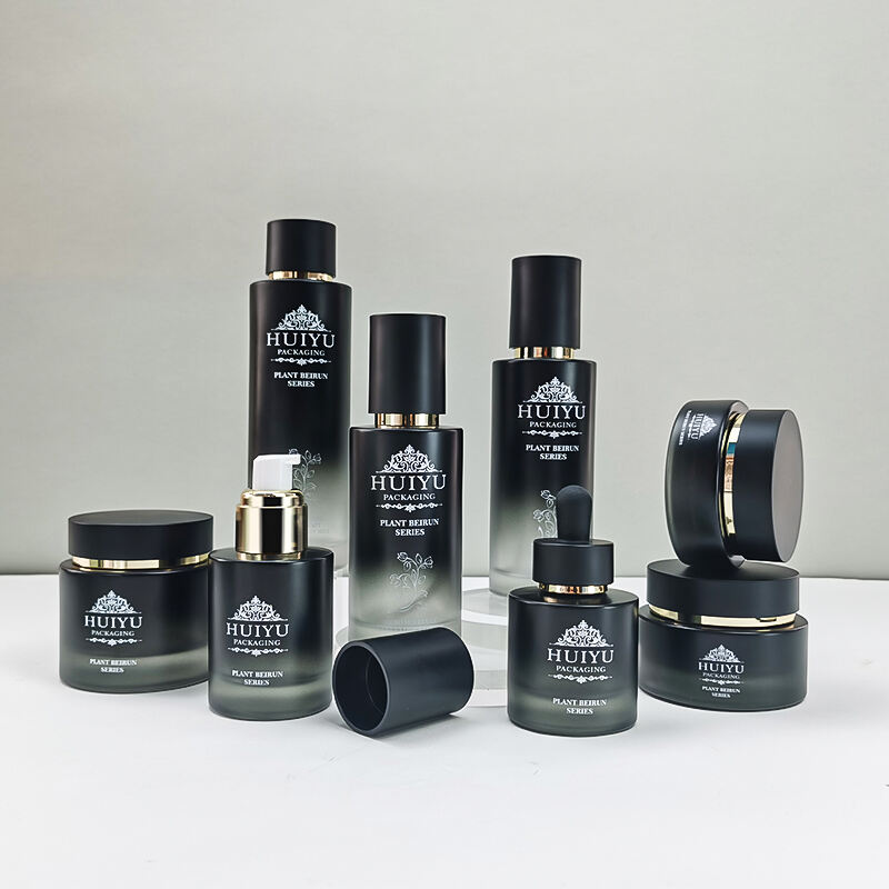 Leere 120ml 100ml 50ml 30ml schwarze Glasgradient Gesichtspflege Emulsionenflaschen mit Pump HY-2465