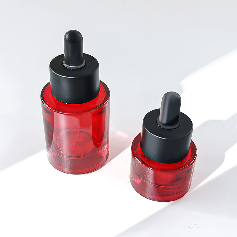 Flache Schulter Runde Rote Farbe Schwarzer Verschluss 30ml 15ml Kosmetik Glas Tropfenflasche HY-2369